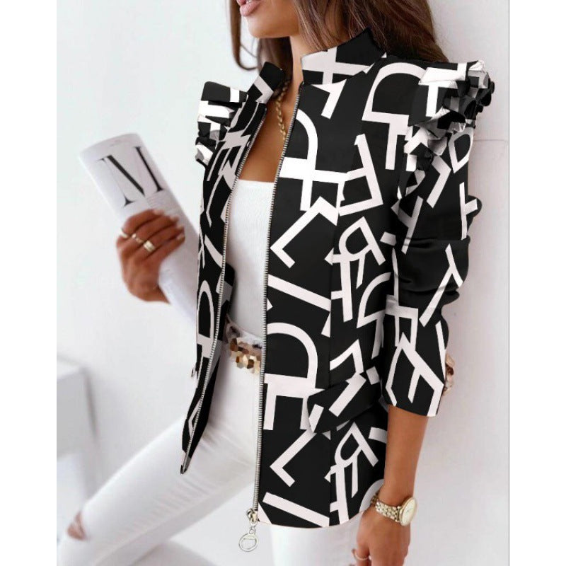 Damen Leoprint-Statement-Jacke mit Rüschen-Schulter und Reißverschluss Echo Archiv