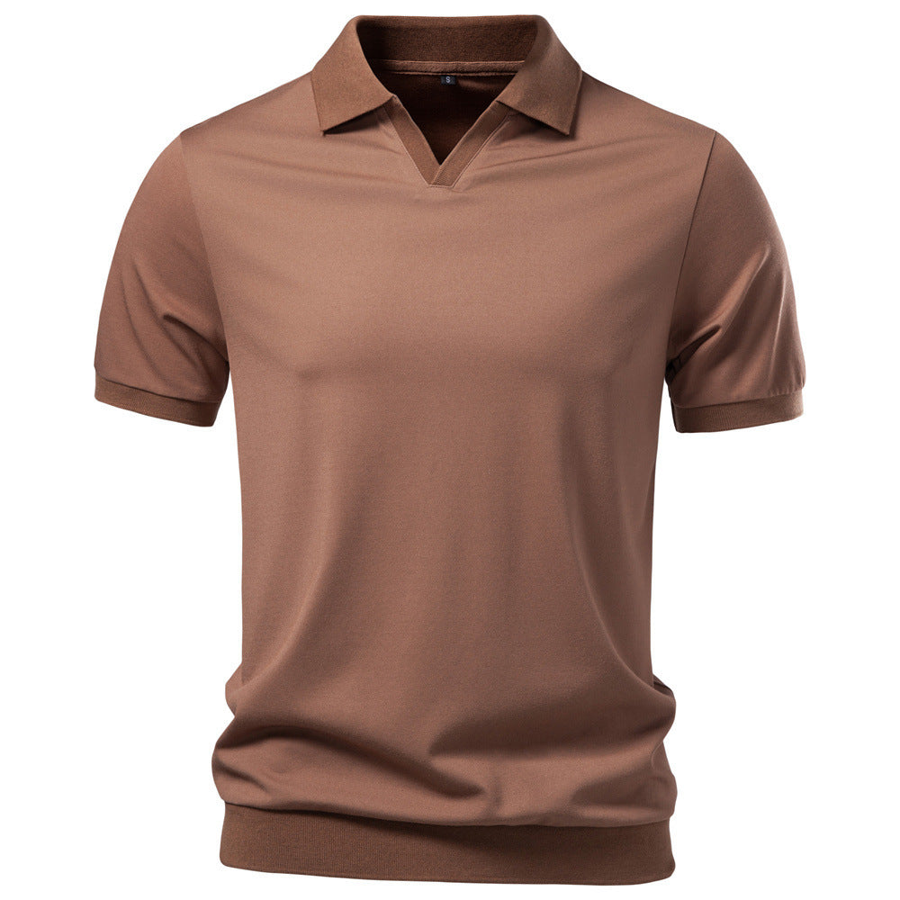 Herren nan feinstrickiges Kurzarm-Poloshirt mit offenem V-Kragen und elastischem Saum Echo Archiv