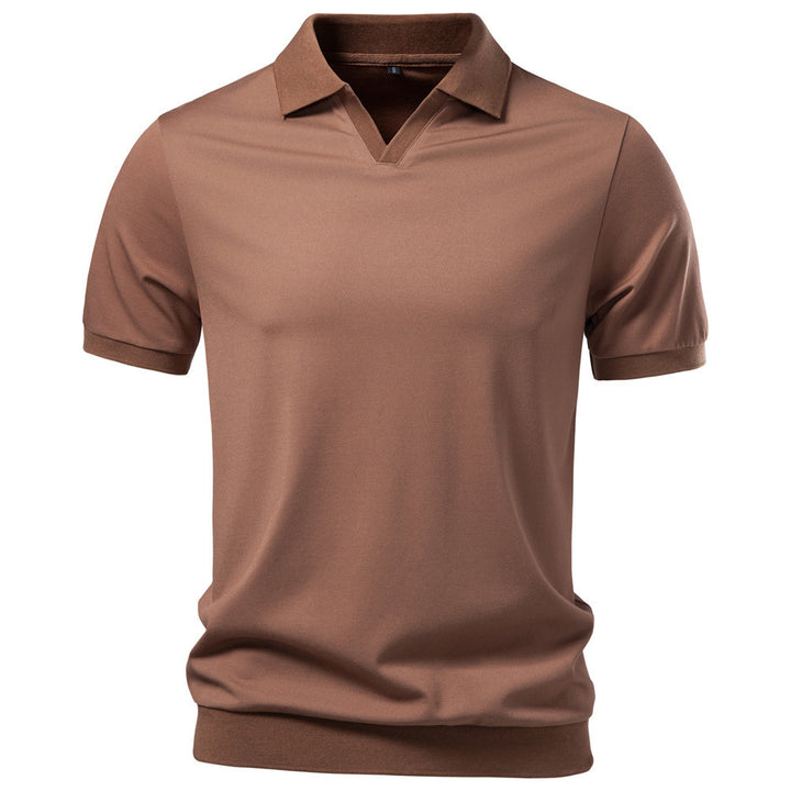 Herren nan feinstrickiges Kurzarm-Poloshirt mit offenem V-Kragen und elastischem Saum Echo Archiv