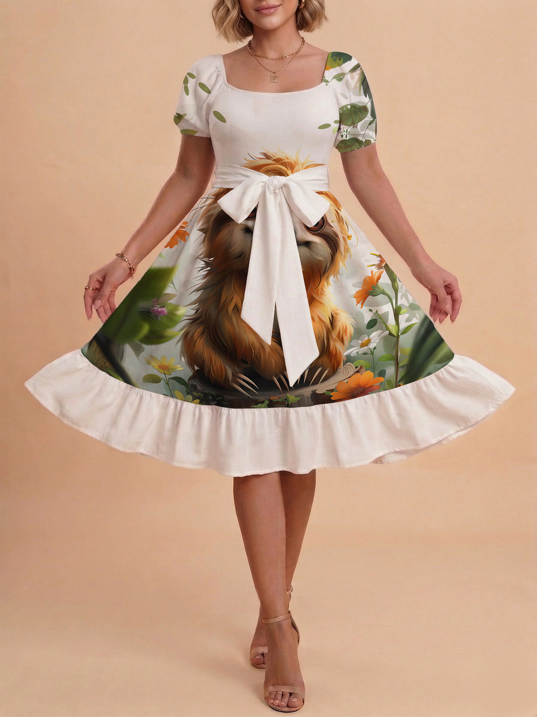 Damen Sommerliches Blumenkleid mit taillierbarem Gürtel und voluminösen Ärmeln Echo Archiv