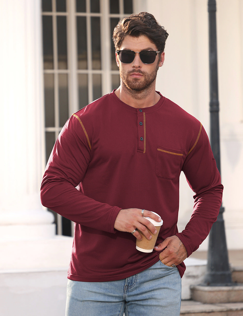 Herren nan Langarmshirt mit kurzer Knopfleiste Brusttasche und kontrastierenden Ziernähten Echo Archiv