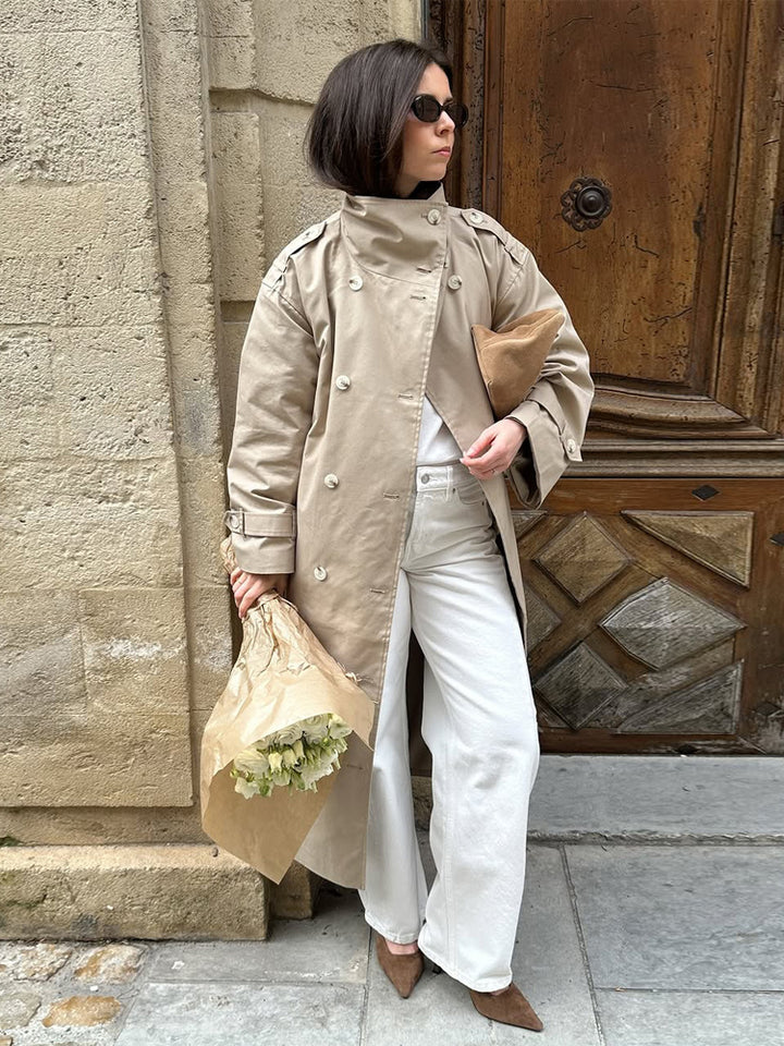 Damen Maxi-Trenchcoat mit hohem Stehkragen, doppelreihiger Knopfleiste & Taillengürtel Echoarchiv