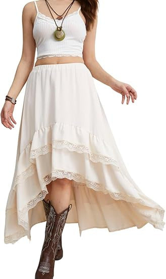 Damen Boho Maxi-Rock mit asymmetrischem Saum und Spitzenverzierungen Echo Archiv