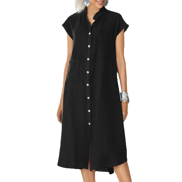 Damen lässiges Midi-Hemdkleid aus Leinen mit Knopfleiste und seitlichen Taschen Echo Archiv
