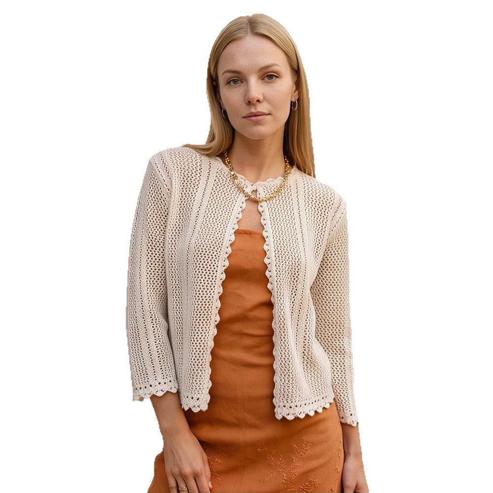 Damen gehäkelte Kurzjacke mit gewelltem Saum, offenem Vorderteil & 3/4-Ärmeln Echoarchiv