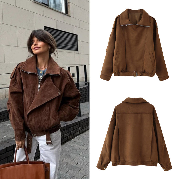 Damen Oversized Kunstwildleder‑Fliegerjacke mit Taillenriemen, Schulterpatten und Stehkragen Echo Archiv