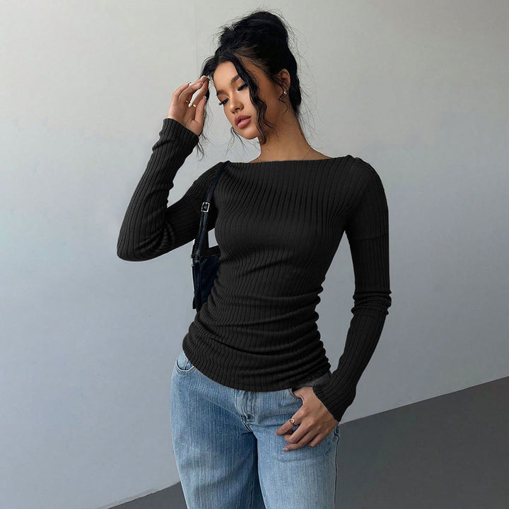 Damen schulterfreies geripptes Langarmshirt mit taillierter Raffung und figurbetontem Stretch – Avérine