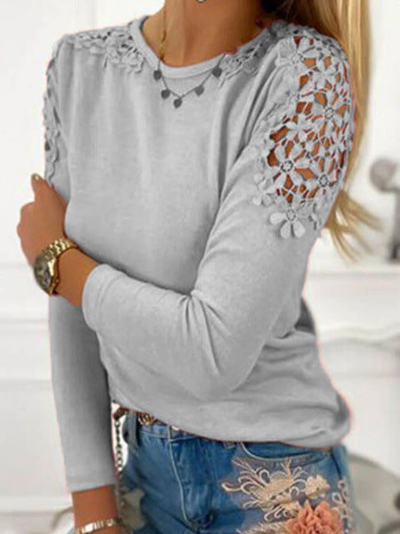 Damen nan langärmeliges Feinstrickshirt mit Häkelspitzen-Schultereinsätzen und Rundhalsausschnitt Echo Archiv