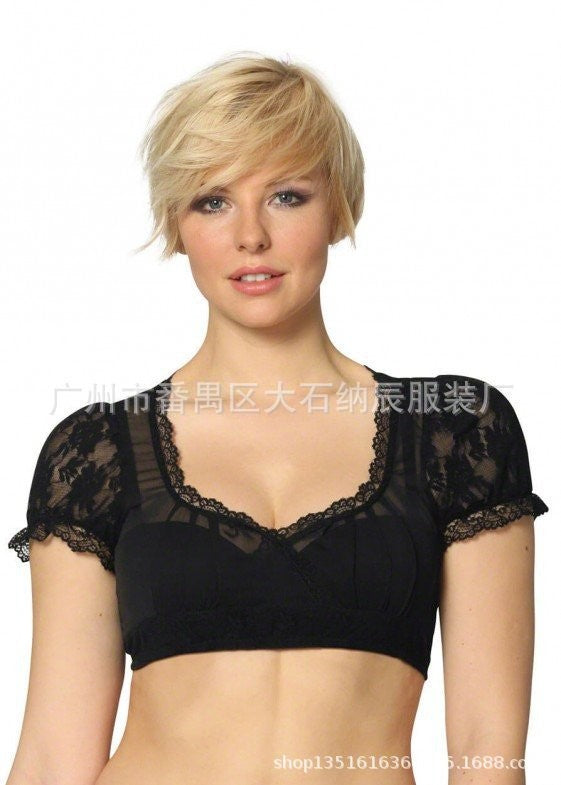 Damen  traditionelle Dirndlbluse mit feiner Spitze, tiefem Herzausschnitt und geraffter Taille Echo Archiv