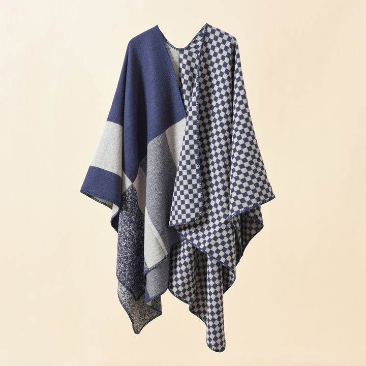 Damen Wendbarer Karomuster-Capeponcho aus Wollmix mit kastigem Oversize-Fall Echo Archiv