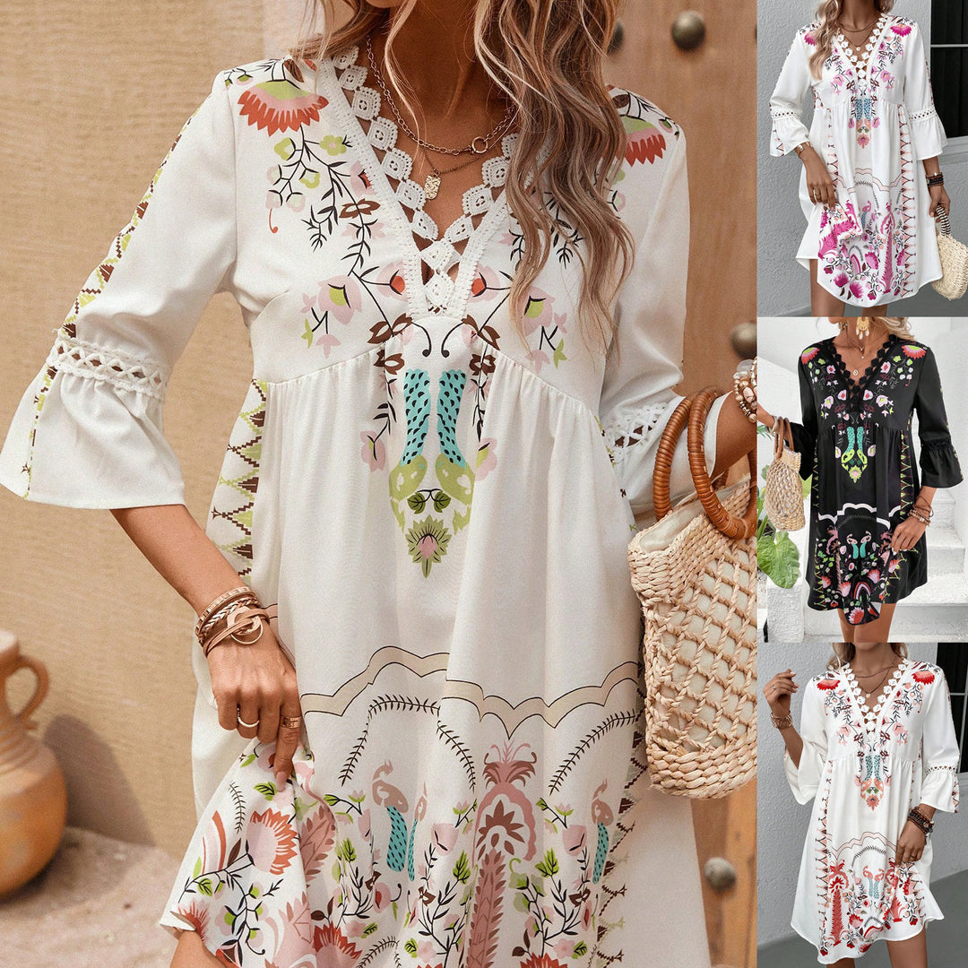 Damen Boho-Kleid mit Stickerei, Häkel-V-Ausschnitt und ausgestellter A-Linie Echo Archiv