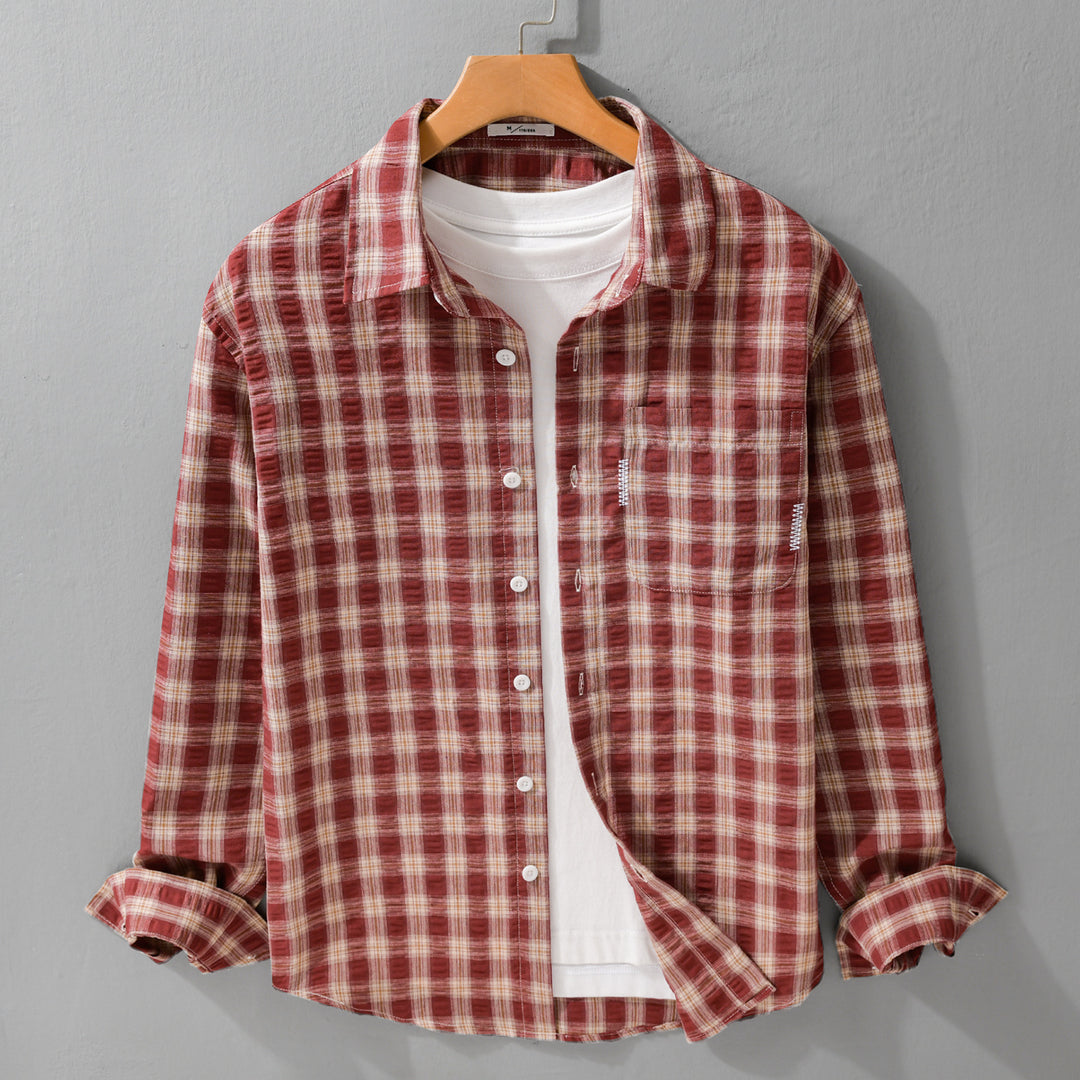 Herren Leichtes kariertes Baumwoll-Overshirt mit Soft-Crinkle‑Struktur, Brusttasche und Relaxed‑Fit Echoarchiv