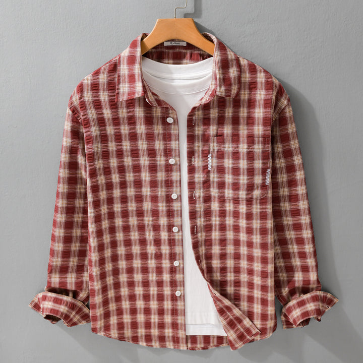 Herren Leichtes kariertes Baumwoll-Overshirt mit Soft-Crinkle‑Struktur, Brusttasche und Relaxed‑Fit Echoarchiv