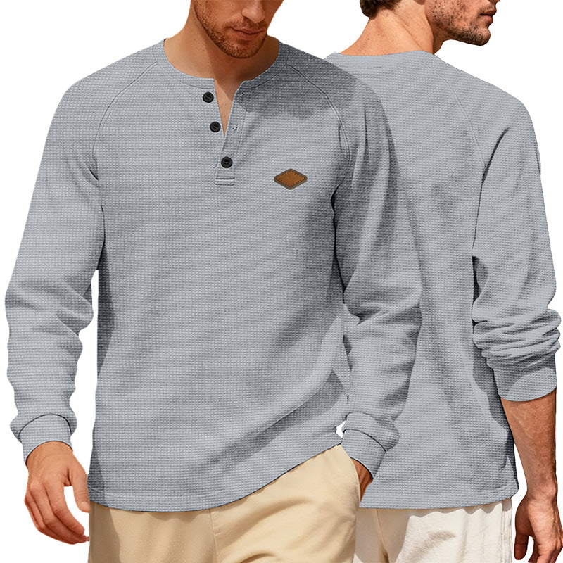 Herren nan Waffelstrick-Henley Langarmshirt mit Raglanärmeln, Halbknopfleiste und Lederlabel Echo Archiv