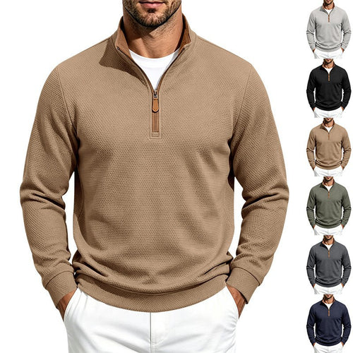 Herren Struktur-Halbzipp-Pullover mit Stehkragen und Kontrastinnenkragen Echoarchiv