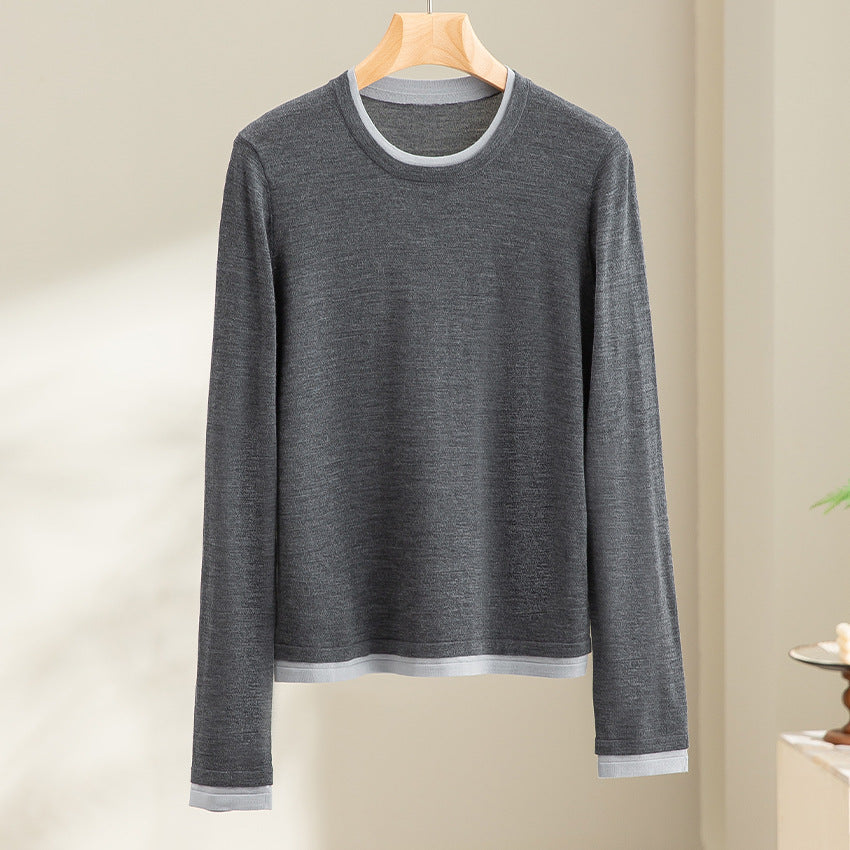 Damen Leichter Feinstrick-Langarmpullover mit Kontrastbündchen und Rundhalsausschnitt Echoarchiv