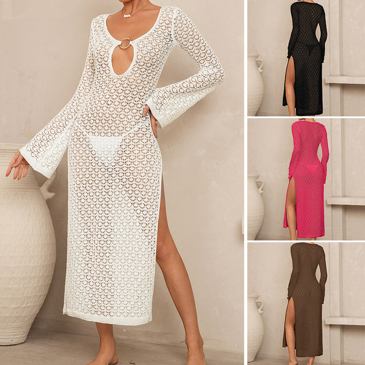 Damen Häkel-Maxikleid mit tiefem Ausschnitt und weit ausgestellten Ärmeln Echo Archiv