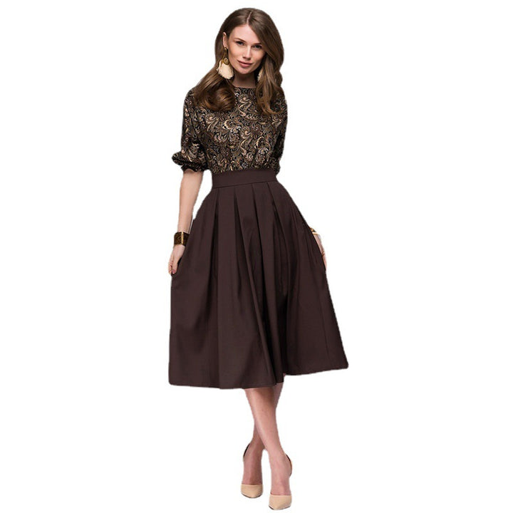 Damen Midikleid mit tailliertem Oberteil aus Jacquard und weitem Faltenrock Echo Archiv