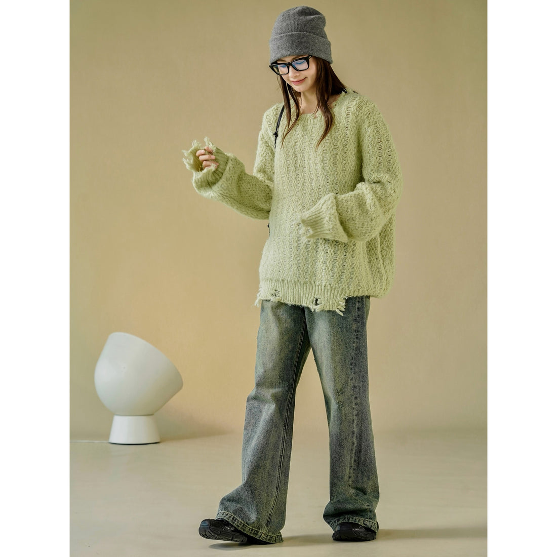 Damen Oversize-Strickpullover mit Ajourmuster, Flauschiger Mohair‑Look und Destroy-Detail Echoarchiv