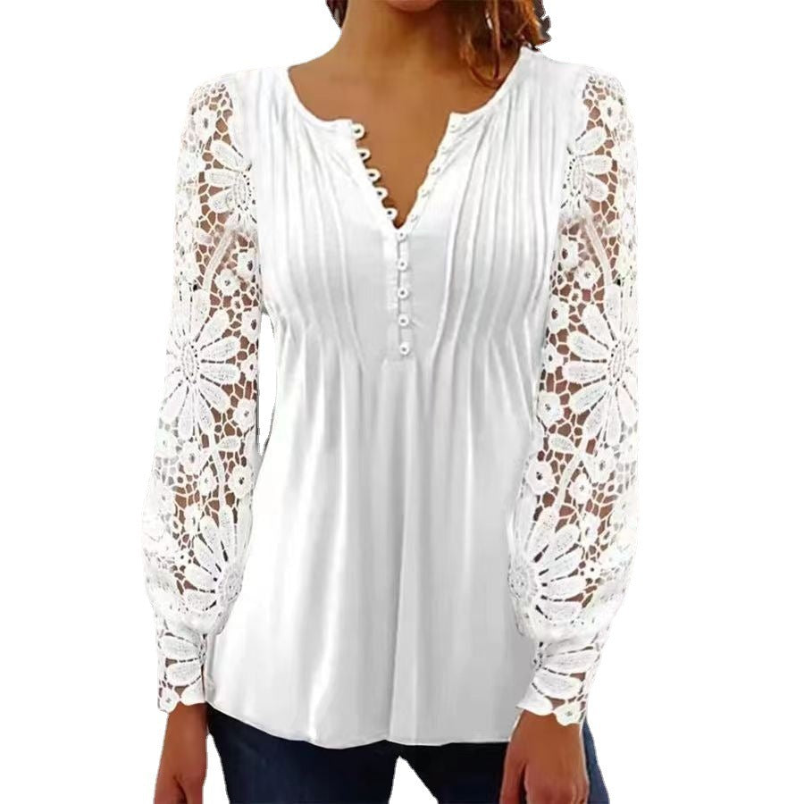 Damen Floral Viskosemischung Bluse mit Häkelärmel und V-Ausschnitt – Élovi