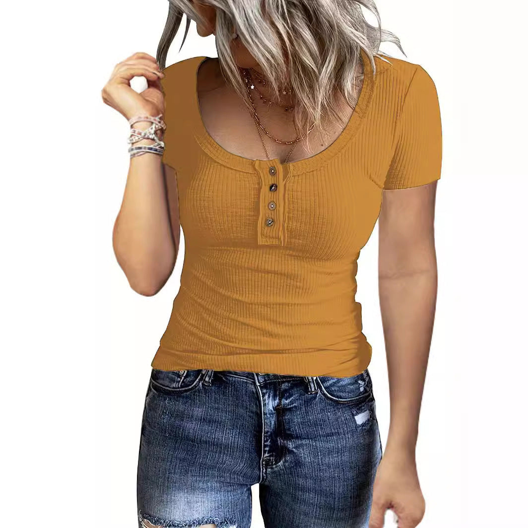 Damen Figurbetontes Kurzarmshirt mit strukturiertem Rippdesign und Knopfleiste Echoarchiv