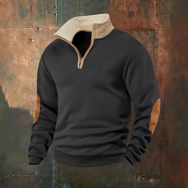 Herren Fleece-Pullover mit hochabschließendem Kragen und modischen Lederapplikationen Echoarchiv