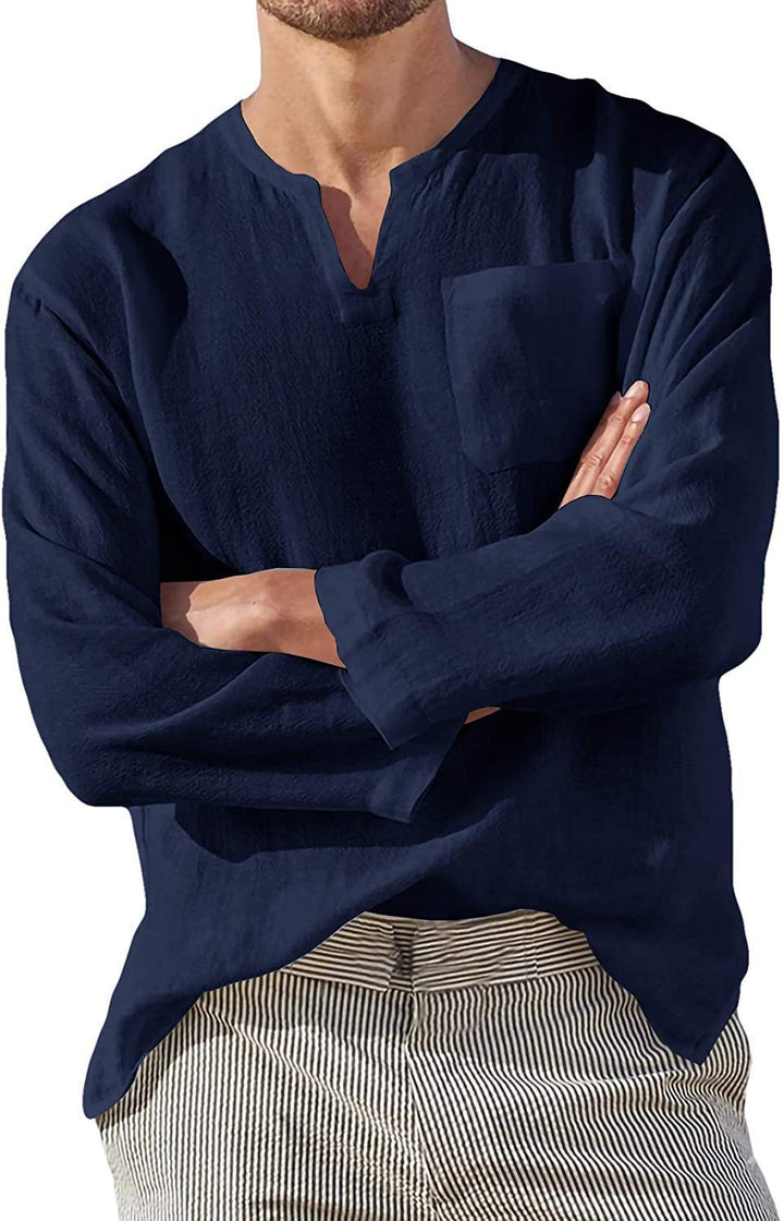 Herren lässiges Langarmshirt mit V-Ausschnitt und praktischer Brusttasche Echoarchiv