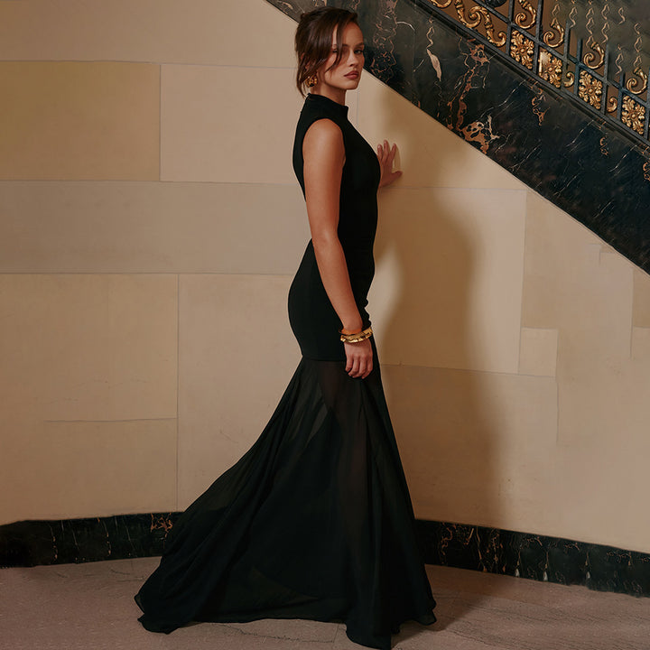Damen Elegantes Maxikleid mit tiefem V-Ausschnitt und transparenter Tüllschicht Echo Archiv