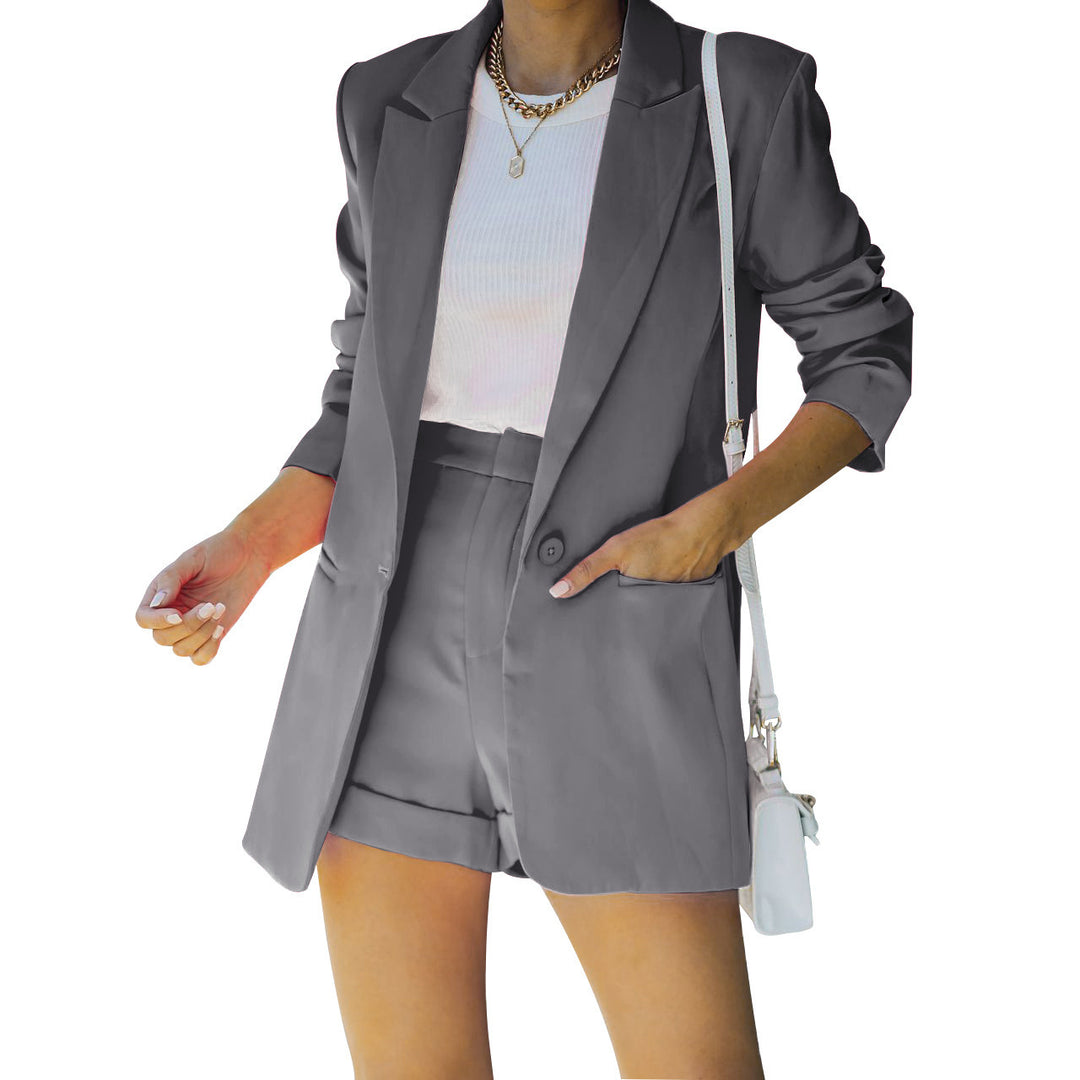 Damen nan figurbetontes Longblazer- und High-Waist-Shorts-Set mit überschnittenen Schultern und aufgesetzten Taschen Echo Archiv