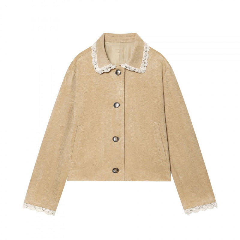 Damen Cropped-Veloursjacke mit Spitzkragen und Spitzenmanschetten Echo Archiv