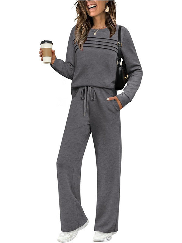 Damen Zweiteiliges Lounge-Set mit Plissee-Detail, Rundhals-Sweatshirt und weitem Kordel-Hose – Élanora