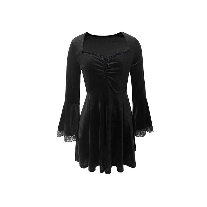 Damen Samt-Kleid mit gerafftem Bustier, quadratischem Ausschnitt und Spitzen-Glockenärmeln – Élara