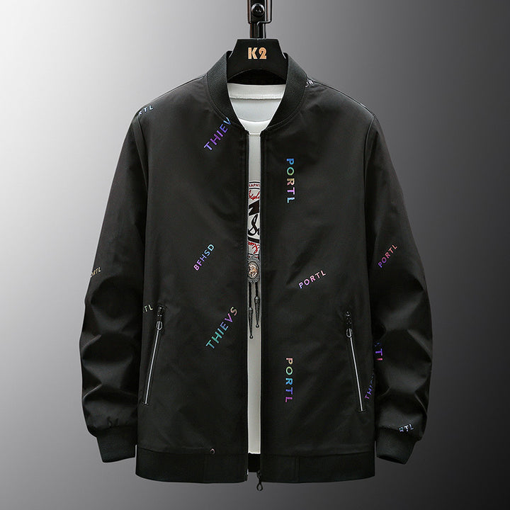 Herren Modische Bomberjacke mit Schriftzügen Echo Archiv