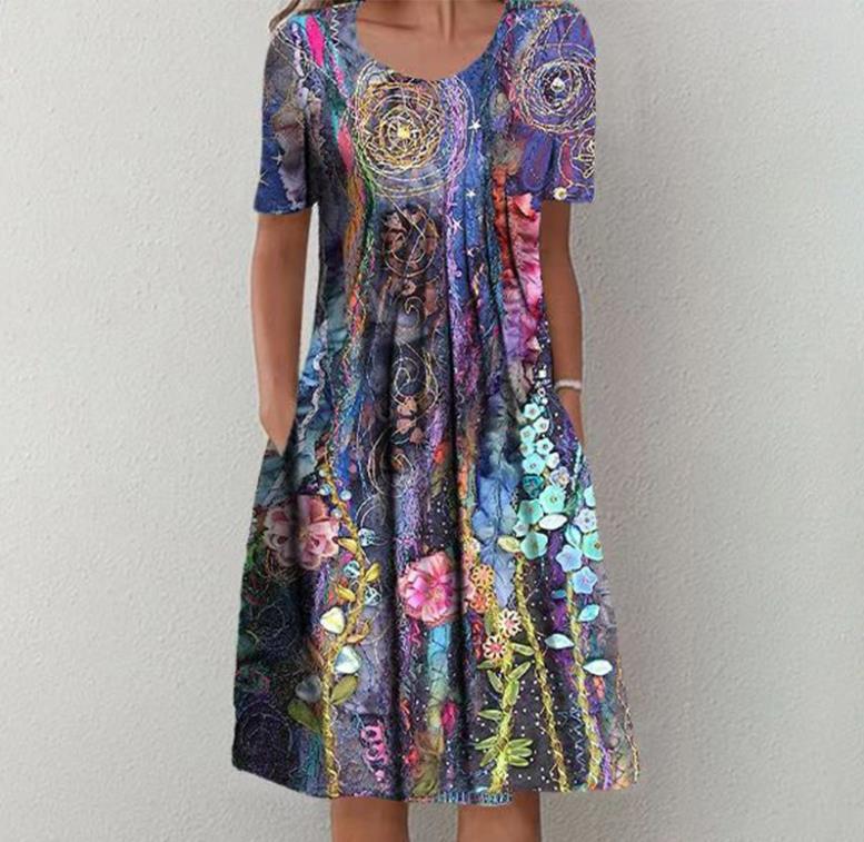Frauen Mehrfarbige A-Linien Midi Kleid mit Taschen und Abstraktem Blumenmuster – Élara