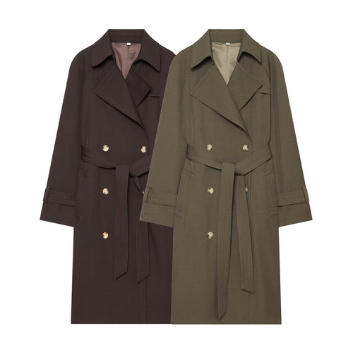 Damen Midilanger Doppelreihiger Trenchcoat mit breitem Revers und Taillenbindegürtel Echoarchiv
