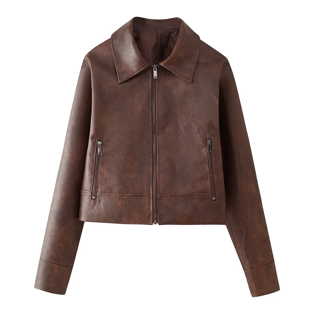 Damen kurz geschnittene Lederimitat-Jacke mit Reißverschluss, spitzem Kragen und Reißverschlusstaschen – Célinea