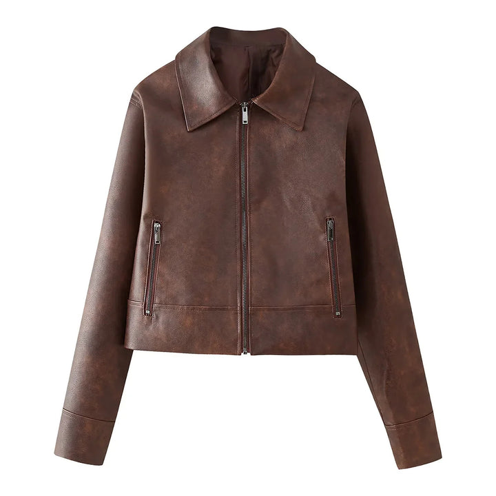 Damen kurz geschnittene Lederimitat-Jacke mit Reißverschluss, spitzem Kragen und Reißverschlusstaschen – Célinea