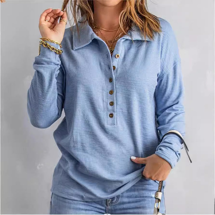 Damen Langarm-Waffelshirt mit Hemdkragen und Knopfleiste Echoarchiv
