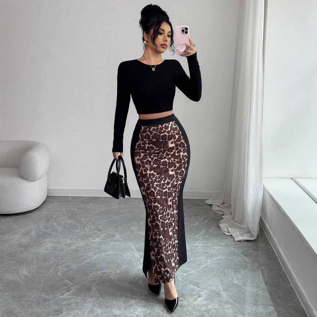 Damen nan taillierter Bleistiftmidirock mit Animal-Print-Mittelbahn und seitlichem Oberschenkel-Schlitz Echo Archiv