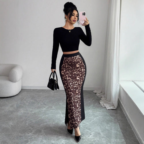 Damen nan taillierter Bleistiftmidirock mit Animal-Print-Mittelbahn und seitlichem Oberschenkel-Schlitz Echo Archiv
