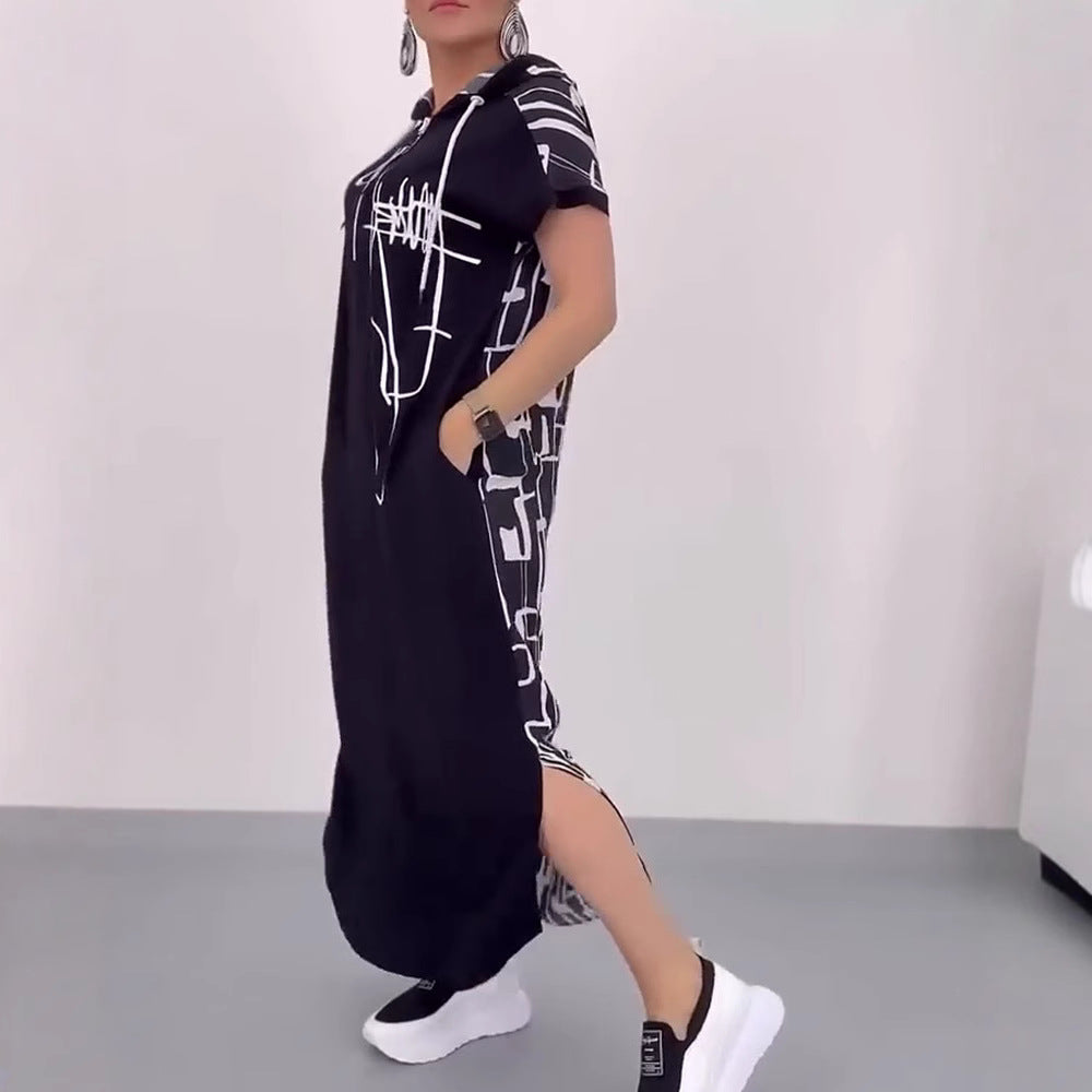 Damen nan urbanes Kapuzen‑Kaftankleid in lockerem Fall mit kurzärmeligem Schnitt und abstraktem Grafikmuster Echo Archiv