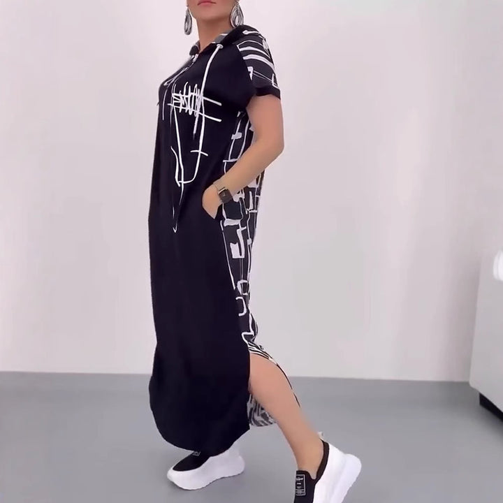 Damen nan urbanes Kapuzen‑Kaftankleid in lockerem Fall mit kurzärmeligem Schnitt und abstraktem Grafikmuster Echo Archiv