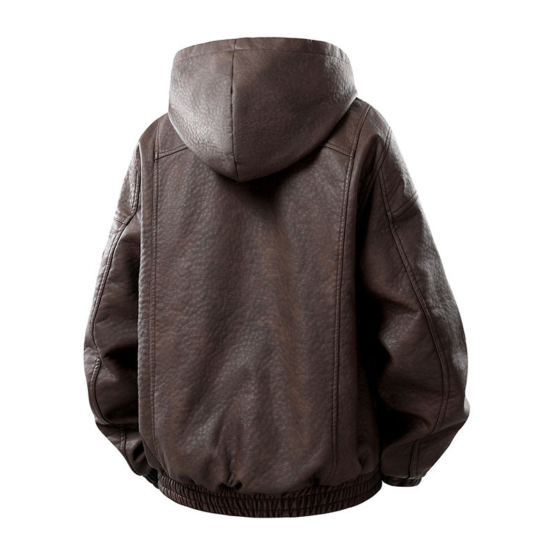 Herren Kunstleder-Bomberjacke mit Teddyfutter, Kapuze und Utility-Ärmeltasche Echo Archiv