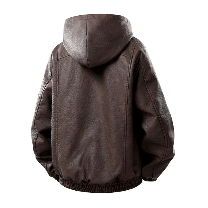 Herren Kunstleder-Bomberjacke mit Teddyfutter, Kapuze und Utility-Ärmeltasche Echo Archiv