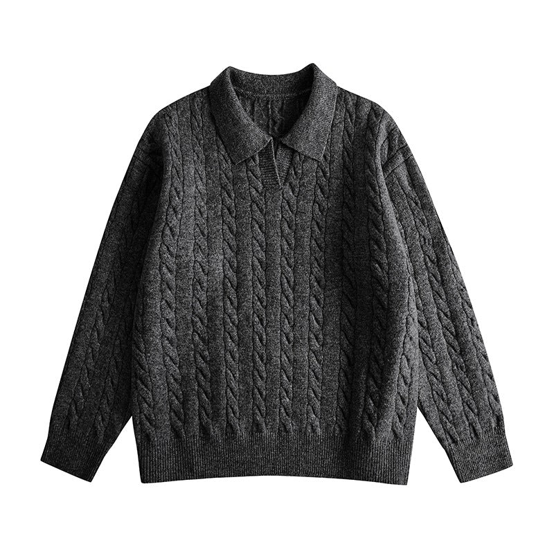 Damen Oversize Kabelstrick-Polo-Pullover mit V‑Ausschnitt und geripptem Saum Echoarchiv