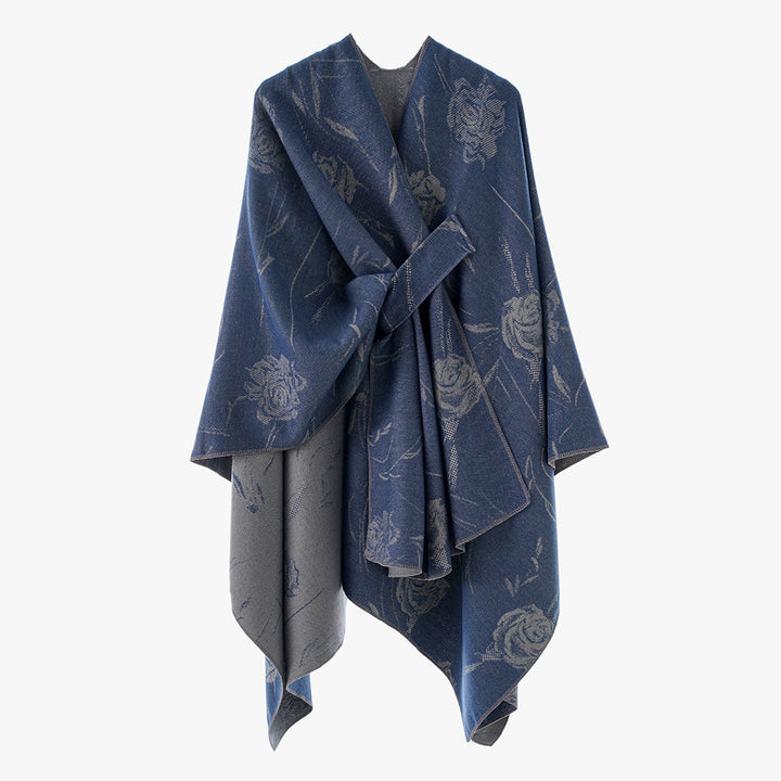 Damen Wendbarer Capeponcho mit Rosen-Jacquard und Bindegürtel Echo Archiv