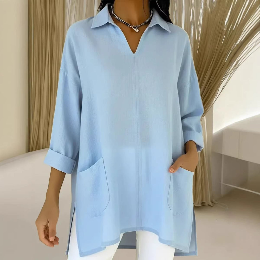 Damen Oversize-Tunika mit Hemdkragen, V-Ausschnitt und aufgesetzten Taschen Echo Archiv