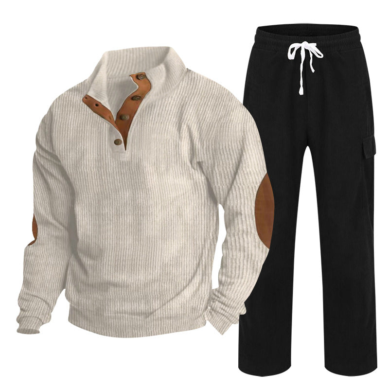 Herren nan strukturiertes Cord-Henley-Loungewear-Set mit Ellenbogenpatches und Cargo-Jogpant Echo Archiv