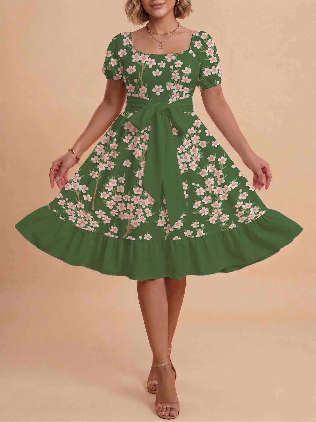 Damen Midikleid mit verspieltem Druck und tailliertem Schnitt Echo Archiv