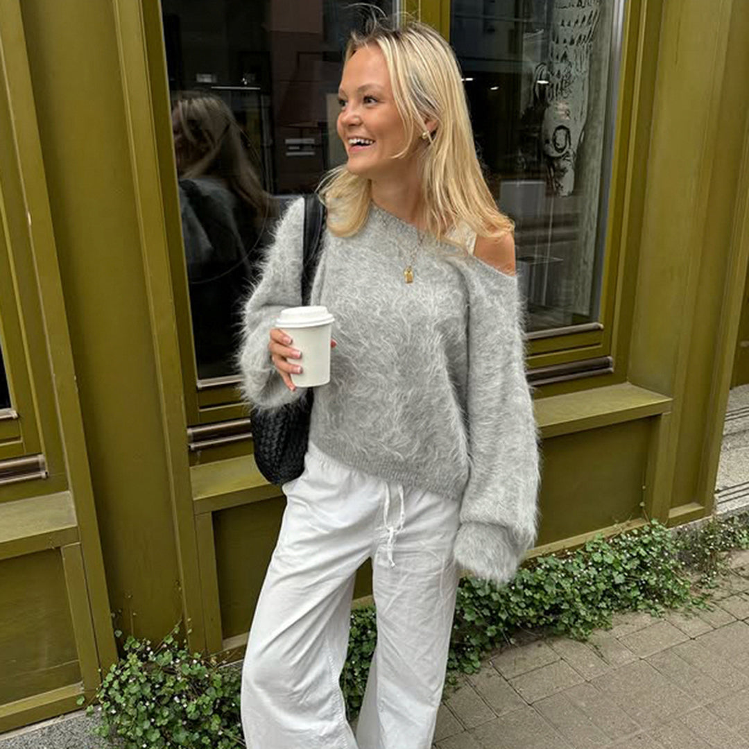 Damen nan oversized flauschiger Mohair-Blend Off-Shoulder Pullover mit Balloon-Ärmeln Echo Archiv